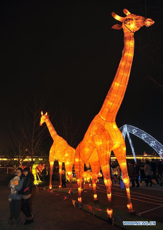 Visitors pose for photos with festive lanterns during a lantern show in Changsha, capital of central China's Hunan Province, Feb. 5, 2013. The lantern show was held to greet the upcoming Spring Festival, or the Chinese Lunar New Year, which falls on Feb. 10 this year. (Xinhua/Li Ga)