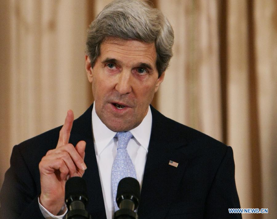 U.S. Secretary of State John Kerry delivers remarks after being sworn in by U.S. Vice President Joe Biden during a ceremonial event in Washington D.C., the United States, Feb. 6, 2013. (Xinhua/Fang Zhe) 