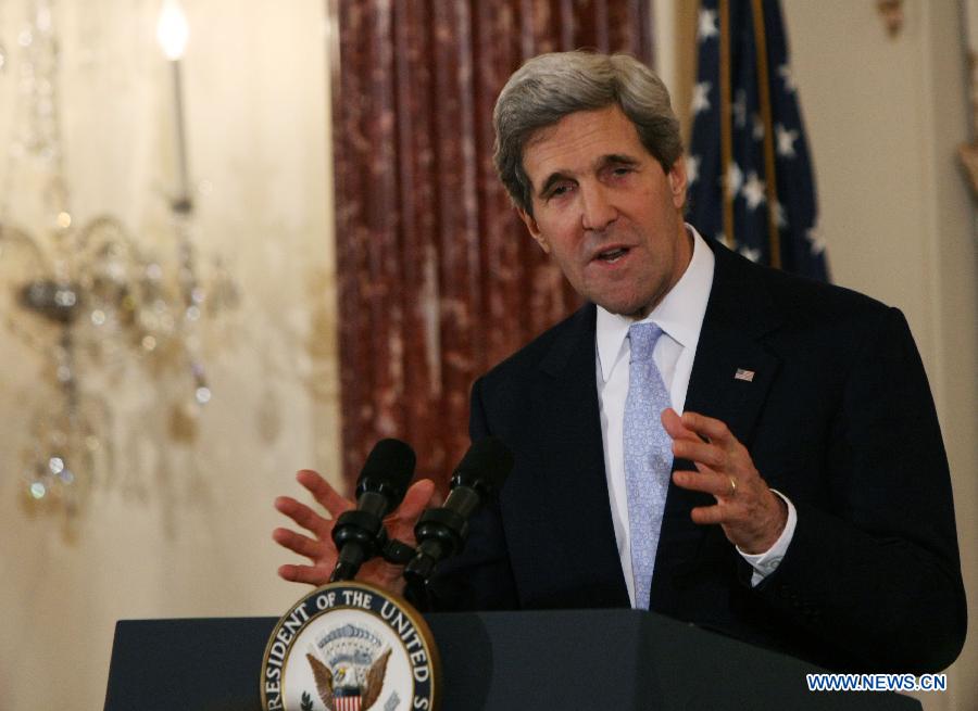 U.S. Secretary of State John Kerry delivers remarks after being sworn in by U.S. Vice President Joe Biden during a ceremonial event in Washington D.C., the United States, Feb. 6, 2013. (Xinhua/Fang Zhe) 