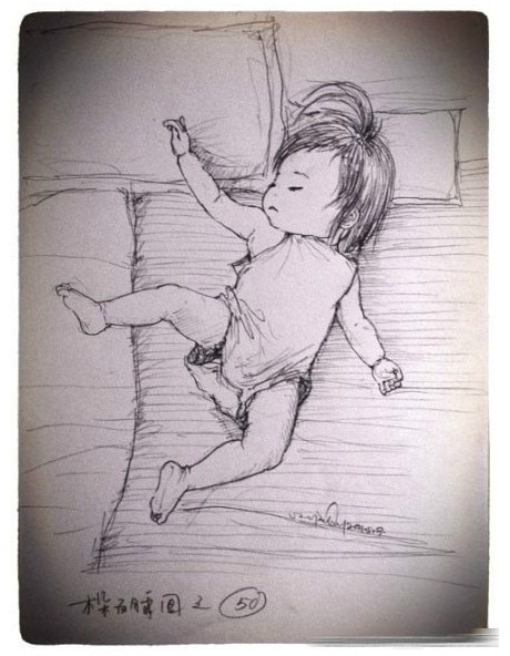 A child's portrait as drawn by her father.The father began to draw the pictures in January of 2011,and has now depicted about one hundred of his little girl's sleep positions.(China.org.cn)