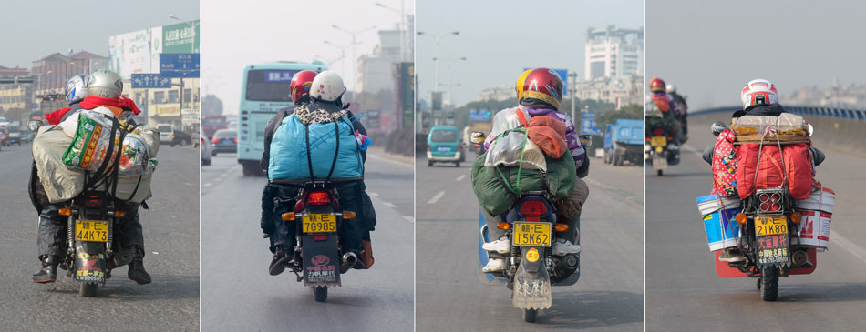 A combined photo shows migrant workers ridding on the homebound motorbikes on Jan. 31. Thousands of migrant workers leave Zhejiang by motorbike every year to reunite with family members in Jiangxi province ahead of the Spring Festival. (Xinhua/Ju Huanzong)