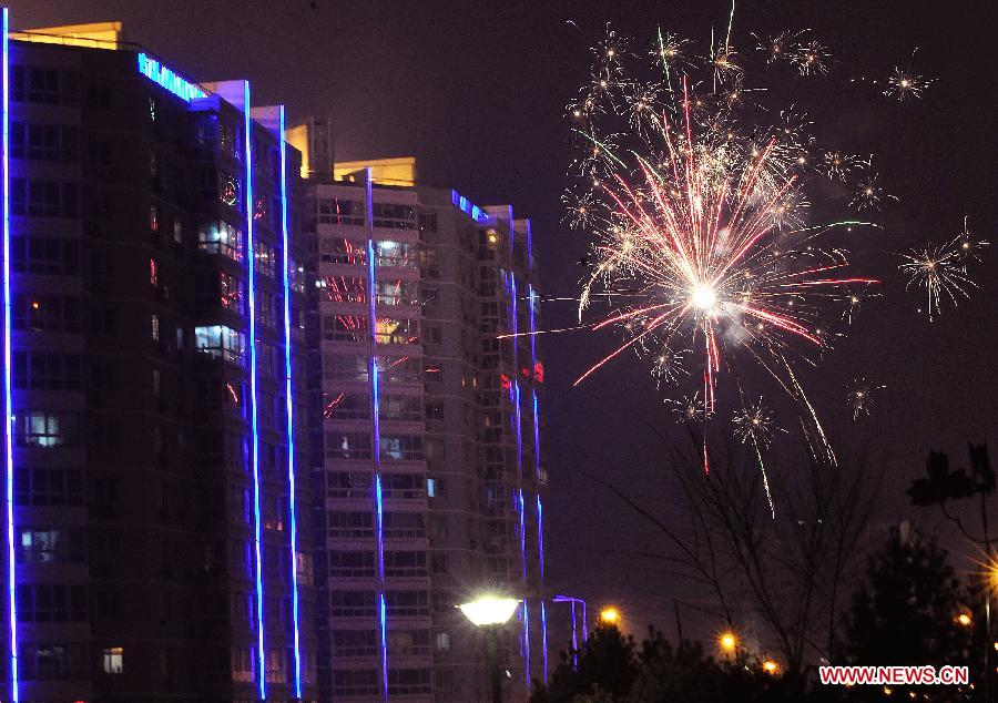 Fireworks paint the skyline on the Chinese Lunar New Year Eve over Beijing, capital of China, Feb. 9, 2013. The Chinese Lunar New Year, or the Spring Festival, begins on Feb. 10 this year and marks the start of the Year of the Snake, according to the Chinese zodiac. (Xinhua/He Junchang) 