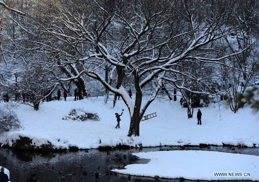 People enjoy themselves inside the Central Park of New York City, on Feb. 9, 2013. A massive blizzard dumped as much as three feet (one meter) of snow in parts of the Northeastern United States, leaving some 650,000 households and businesses without power and two dead by Saturday. (Xinhua/Wang Lei) 