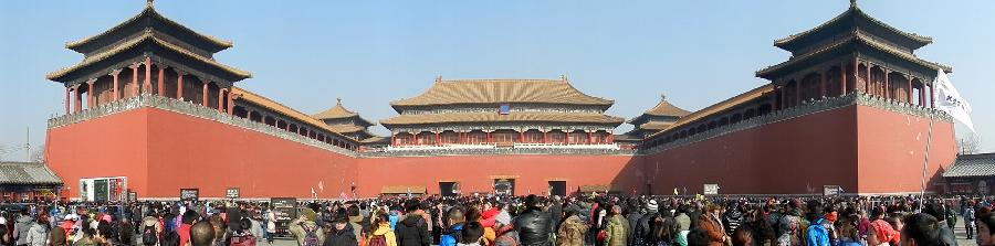 Photo taken on Feb. 12, 2013 shows a panoramic view of the Palace Museum in Beijing, China. People in China are enjoying the week-long holiday of Spring Festival, or Chinese Lunar New Year. Numerous travelers has crammed in tourism sites across the country. (Xinhua/Wang Zhen)