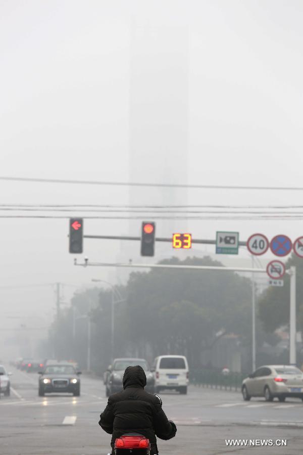 A citizen rides on a fog-shrouded road in Nantong, east China's Jiangsu Province, Feb. 14, 2013. A heavy fog hit Jiangsu on Feb. 14, affecting the traffic. (Xinhua/Huang Zhe)