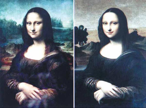 One of the world's best-known paintings, the Mona Lisa (left), and its "original" version. A Swiss-based art foundation said on Wednesday new proofs show both paintings were works of Italian master Leonardo da Vinci. (Photo/China Daily)  