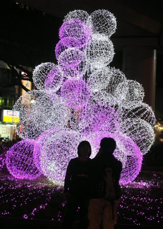 Visitors view lanterns during a trial lighting for the 2013 Taipei lantern festival in Taipei, southeast China's Taiwan, Feb. 16, 2013. The lantern festival, which is to celebrate the Chinese traditional Lantern Festival, will kick off on Feb. 21. The Lantern Festival falls on the 15th day of the first month of the Chinese lunar calendar, or Feb. 24 this year. (Xinhua/Wu Ching-teng) 