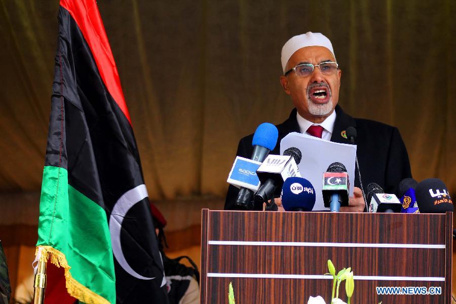  President of the General National Congress of Libya Mohammed Megaryef addresses a celebration for the second anniversary of the uprising that toppled the regime of strongman Muammar Gaddafi in Benghazi, on Feb. 17, 2013. (Xinhua/Mohammed El Shaiky) 
