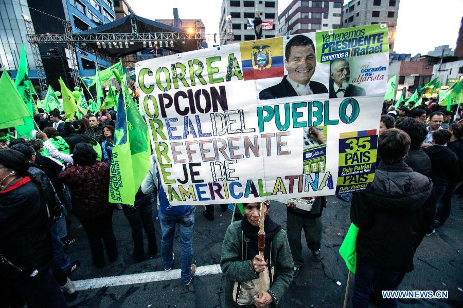 Supporters of Ecuador's President Rafael Correa celebrate his virtual re-election, in Quito, capital of Ecuador, on Feb. 17, 2013. Ecuadorian President Rafael Correa was re-elected in Sunday's elections, according to preliminary results. (Xinhua/Jhon Paz) 