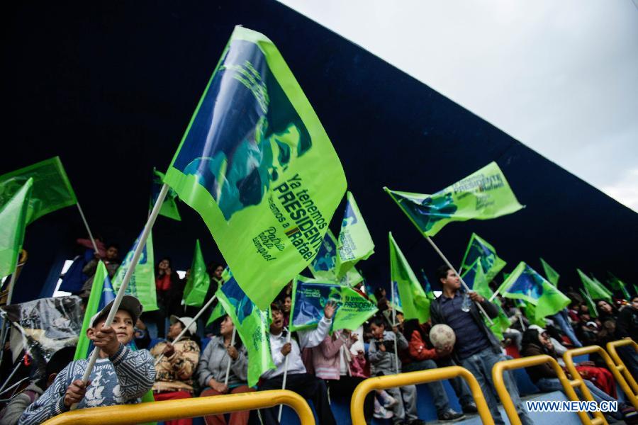 Supporters of Ecuador's President Rafael Correa celebrate his virtual re-election, in Quito, capital of Ecuador, on Feb. 17, 2013. Ecuadorian President Rafael Correa was re-elected in Sunday's elections, according to preliminary results. (Xinhua/Jhon Paz) 