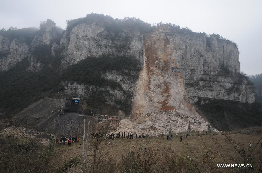 The site of a landslide is seen in Longchang Township in the city of Kaili, southwest China's Guizhou Province, Feb. 18, 2013. Initial investigation has found that five people, including two children, were buried after a landslide hit southwest China's Guizhou Province on Monday morning. The landslide happened around 11 a.m. in Longchang Township, burying six work sheds. (Photo/Xinhua)  