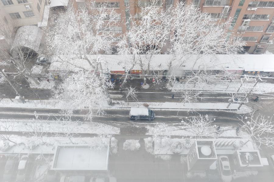 A road is covered with snow in Nanjing, capital of east China's Jiangsu Province, Feb. 19, 2013. A snowstorm hit Jiangsu province on Feb. 19 morning and local meteorological bureau has issued a blue alert for the snowfall. (Xinhua/Shen Peng) 