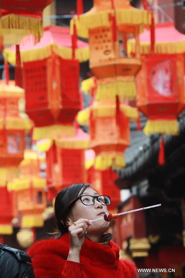 A girl guesses lantern riddles at the Yuyuan Garden in Shanghai, east China, Feb. 20, 2013. People went to watch the lantern show at Yuyuan Garden to celebrate the coming Lantern Festival, which falls on Feb. 24 this year. (Xinhua/Pei Xin) 