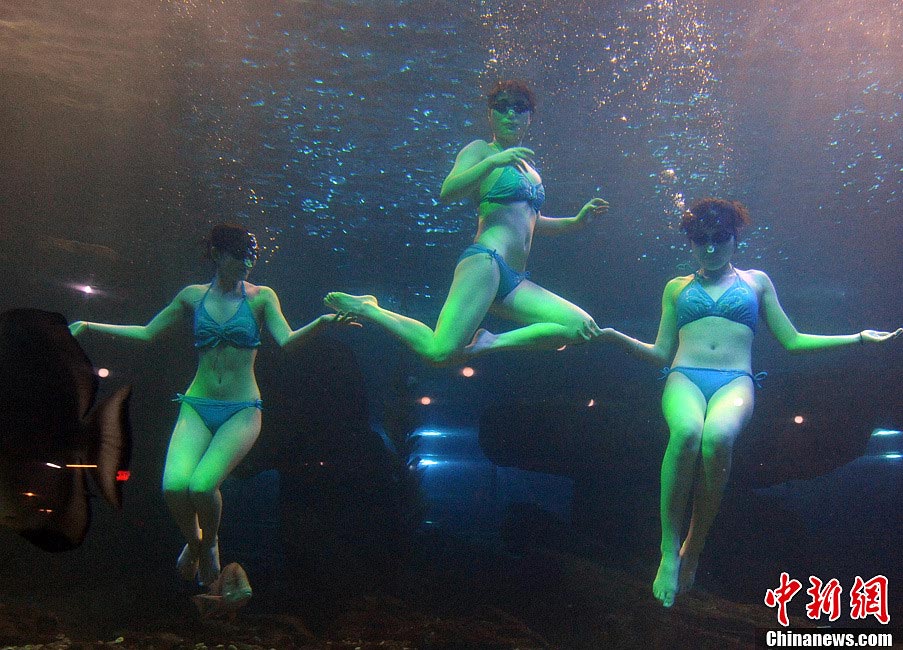 The "mermaids" perform dancing show under water. (CNS/ Yang Bin)