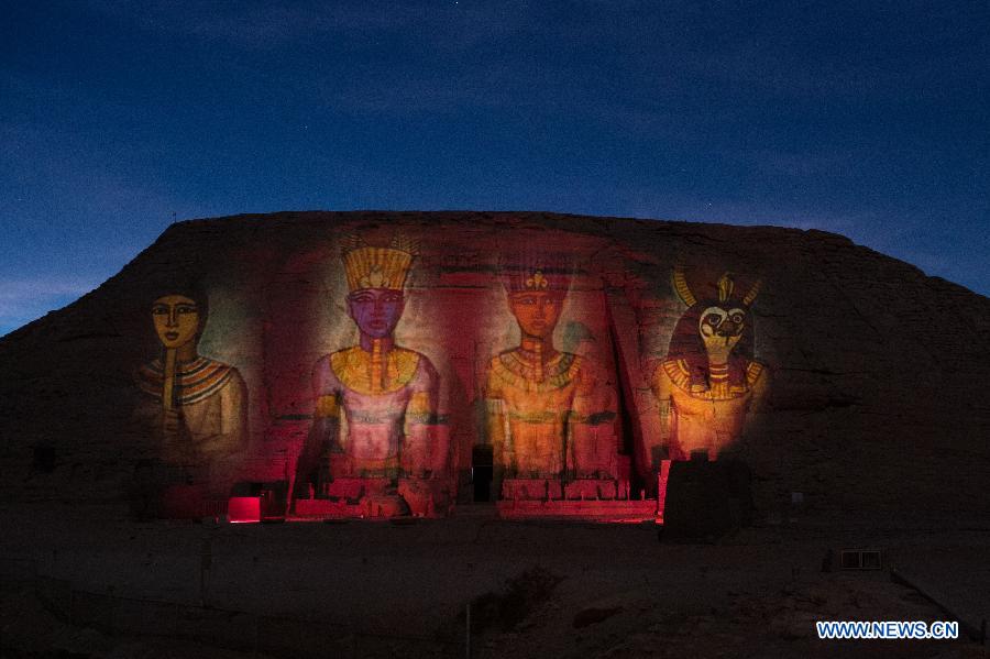 Photo taken on Feb. 21, 2013 shows the Sound and Light show at Abu Simbel Temple of ancient Egyptian King Ramses II in Aswan, Egypt. (Xinhua/Qin Haishi)