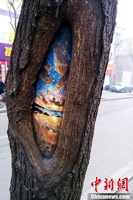 Student painter Wang Yue shows her talent by painting tree holes in Shijiazhuang, capital city of Hebei Province. (Photo/CNS)