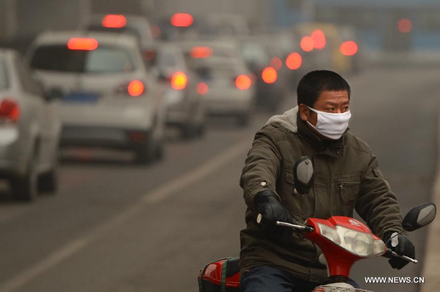 A man with masks rides in fog-shrouded Jinan, capital of east China's Shandong Province, Feb. 25, 2013. Provincial meteorological authorities issued an orange fog alert on Monday morning. (Xinhua/Guo Xulei) 