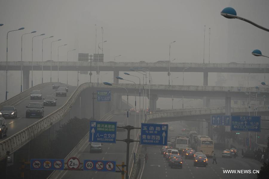 Vehicles travel in fog-shrouded Jinan, capital of east China's Shandong Province, Feb. 25, 2013. Provincial meteorological authorities issued an orange fog alert on Monday morning. (Xinhua/Guo Xulei) 