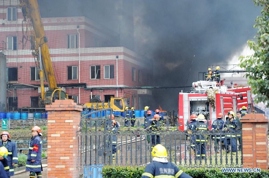 Firemen work at the scene of a chemical plant blast in Baiyun District of Guiyang, capital of southwest China's Guizhou Province, Feb. 25, 2013. At least five people were injured in a chemical plant explosion in Guiyang on Monday morning. Part of the plant, which belongs to Bestchem, a local chemical company, was still burning by noon. Firefighters have been deployed to the blast scene while local environmental authorities are keeping an eye on the air quality. (Xinhua/Liu Xu)  