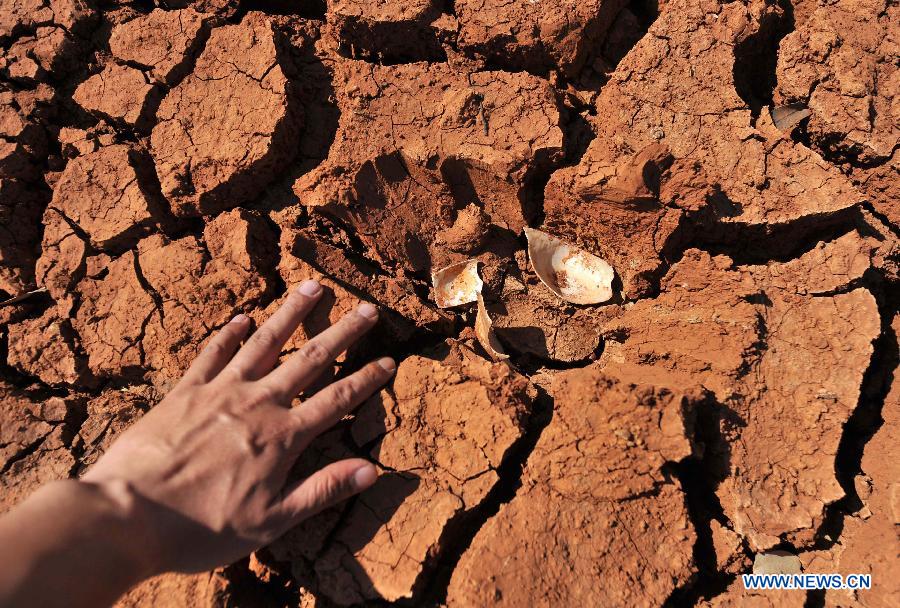 Cracked land of a dried reservoir is seen in Shilin County of southwest China's Yunnan Province, Feb. 27, 2013. About 600,000 people are facing shortage of drinking water amid severe drought that hit southwest China's Yunnan Province for the fourth straight year, and the current drought has affected 5.11 million mu of cropland in the province China's drought relief authority said Feb. 21, 2013. (Xinhua/Lin Yiguang) 