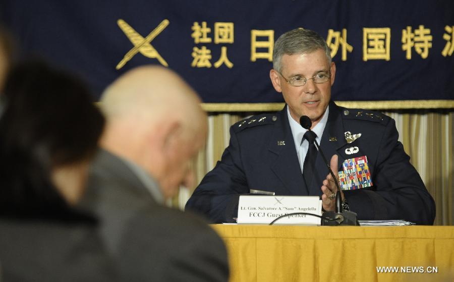 U.S. Forces Japan (USFJ) Commander Salvatore Angelella speaks during a news conference in Tokyo, Japan, Feb. 28, 2013. (Xinhua/Kenichiro Seki)