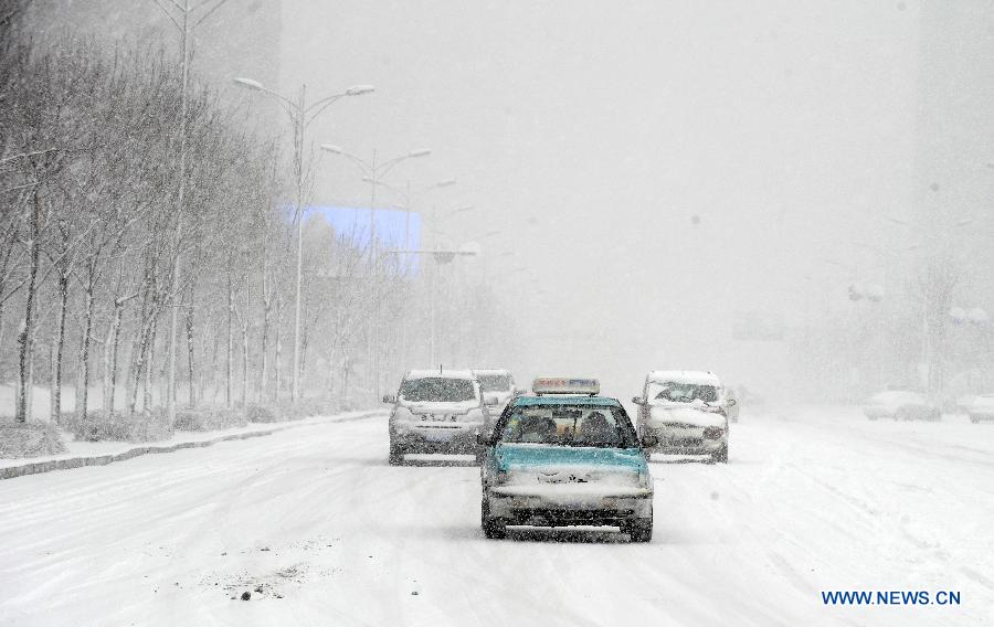 Vehicles move in snow in Shenyang, capital of northeast China's Liaoning Province, Feb. 28, 2013. Liaoning was hit by a snowstorm on Thursday. (Xinhua/Li Gang)