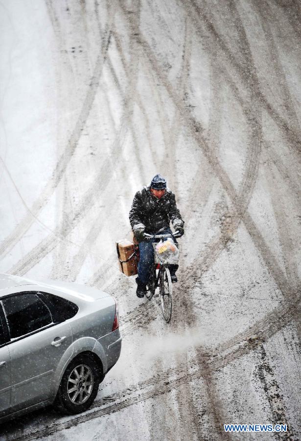 A man rides a bike in the snow in Harbin, capital of northeast China's Heilongjiang Province, Feb. 28, 2013. Most areas of Heilongjiang witnessed snowfall on Thursday. (Xinhua/Wang Jianwei) 