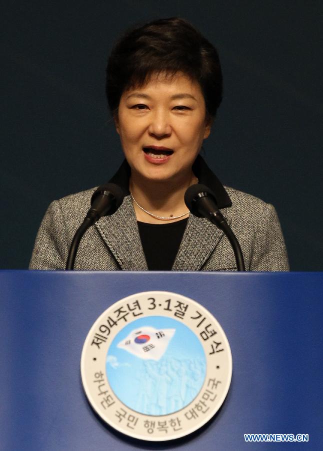 South Korean President Park Geun-hye delivers a speech during the 94th anniversary of the Independence Movement against Japanese colonial rule in 1919, at the Sejong Center for the Performing Arts in Seoul, South Korea, March 1, 2013. (Xinhua/Park Jin hee)