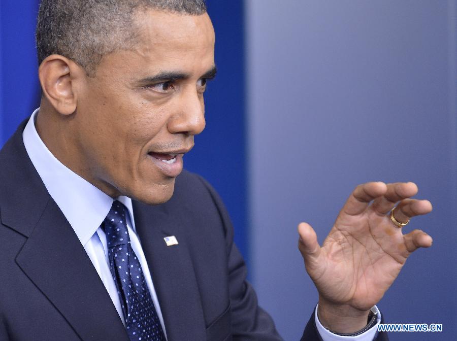 U.S. President Barack Obama delivers a statement on the sequester at the White House in Washington D.C., capital of the United States, March 1, 2013. U.S. President Barack Obama said Friday that the across-the-board government spending cuts were "dumb" but the nation will survive the so-called "sequester." (Xinhua/Zhang Jun)