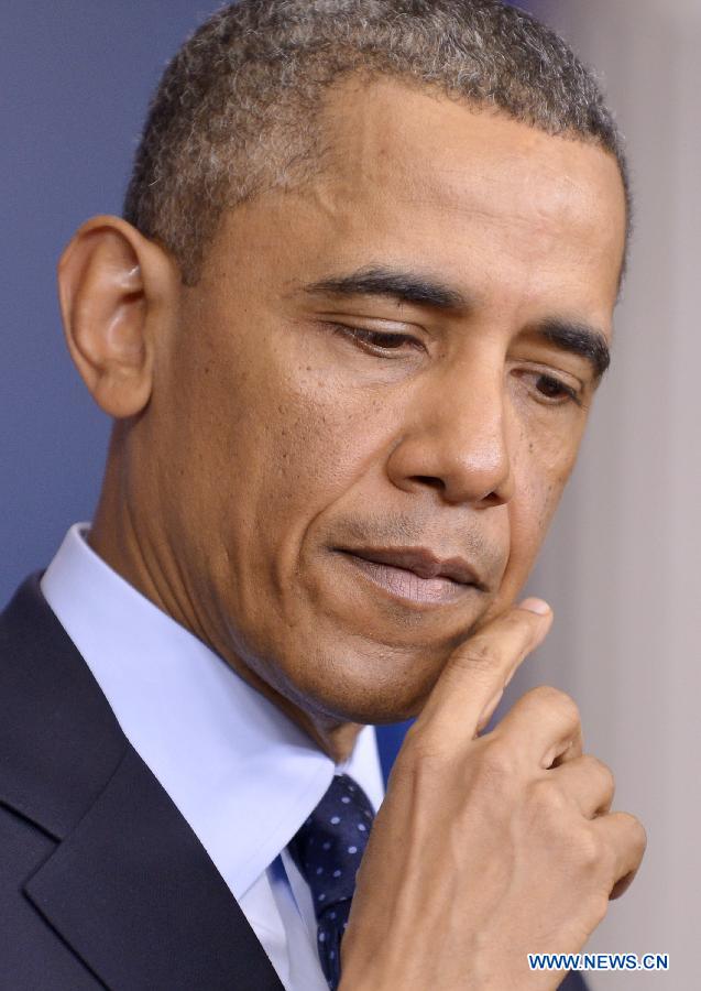 U.S. President Barack Obama delivers a statement on the sequester at the White House in Washington D.C., capital of the United States, March 1, 2013. U.S. President Barack Obama said Friday that the across-the-board government spending cuts were "dumb" but the nation will survive the so-called "sequester." (Xinhua/Zhang Jun)