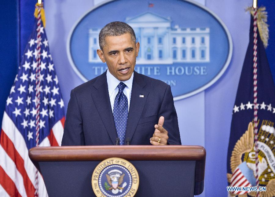 U.S. President Barack Obama delivers a statement on the sequester at the White House in Washington D.C., capital of the United States, March 1, 2013. U.S. President Barack Obama said Friday that the across-the-board government spending cuts were "dumb" but the nation will survive the so-called "sequester." (Xinhua/Zhang Jun)