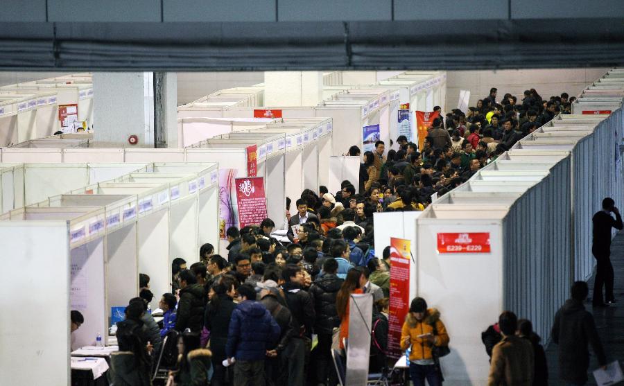 Job seekers attend a job fair in Nanjing, capital of east China's Jiangsu Province, March 2, 2013. More than 20,000 job opportunities were offered at the job fair. (Xinhua/Wang Xin) 