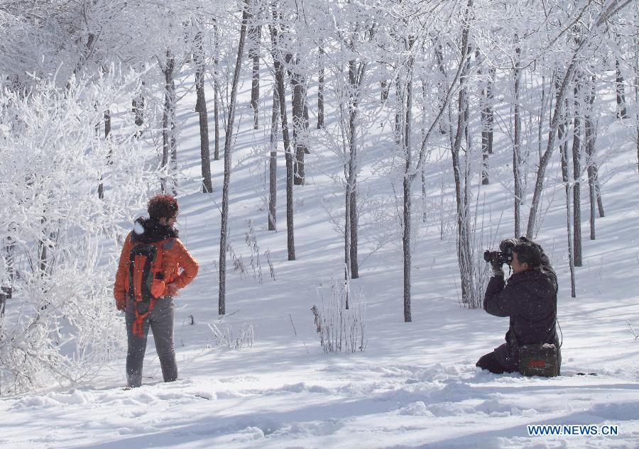 People take photos beside rime-covered trees at Jiangbin Park in Jilin City, northeast China's Jilin Province, March 3, 2013. (Xinhua) 