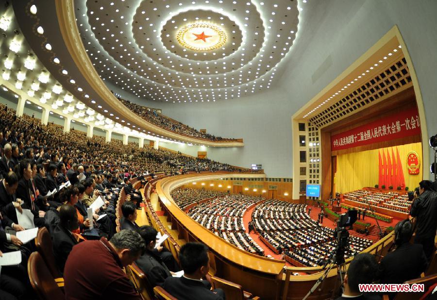 The first session of the 12th National People's Congress (NPC) opens at the Great Hall of the People in Beijing, capital of China, March 5, 2013. (Xinhua/Xie Huanchi) 