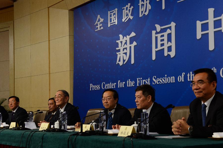 A press conference is held by the first session of the 12th National Committee of the Chinese People's Political Consultative Conference (CPPCC) in Beijing, capital of China, March 7, 2013. Members of the 12th CPPCC National Committee Jia Zhibang, Chen Xiwen, Li Yi'ning, Li Yizhong, Du Ying and Lin Yifu (L to R) answered questions at the press conference. (Xinhua/Jin Liangkuai)
