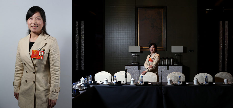 Photo shows Yang Xiaoxia, deputy director of a textile mill in east China’s Zhejiang province. Born in January 1980, Yang has a college degree. She hopes that the old people in rural areas can enjoy free physical examination and the children of migrant workers can get equal education. (Xinhua/ Jin Liwang, Guo Chen)