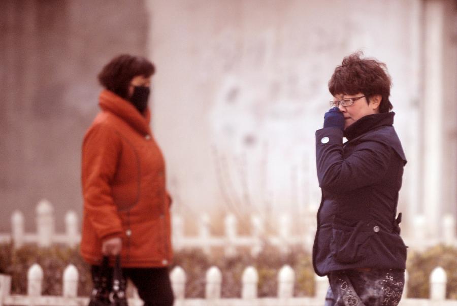 Pedestrians walk on the dust-blanketed street in Lanzhou, capital of northwest China's Gansu Province, March 9, 2013. Sand and dust smothered multiple places in Gansu as a cold front brought strong wind to this region on March 9. (Xinhua/Zhang Meng)