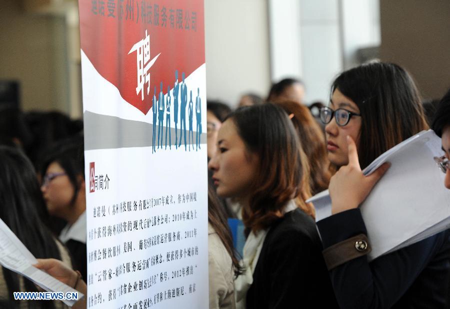 College students are seen during a job fair specially held for females in Nanjing, capital of east China's Jiangsu Province, March 9, 2013. A job fair for female college students were held here on Saturday, providing more than 3,000 positions from some 100 employers. (Xinhua/Sun Can)