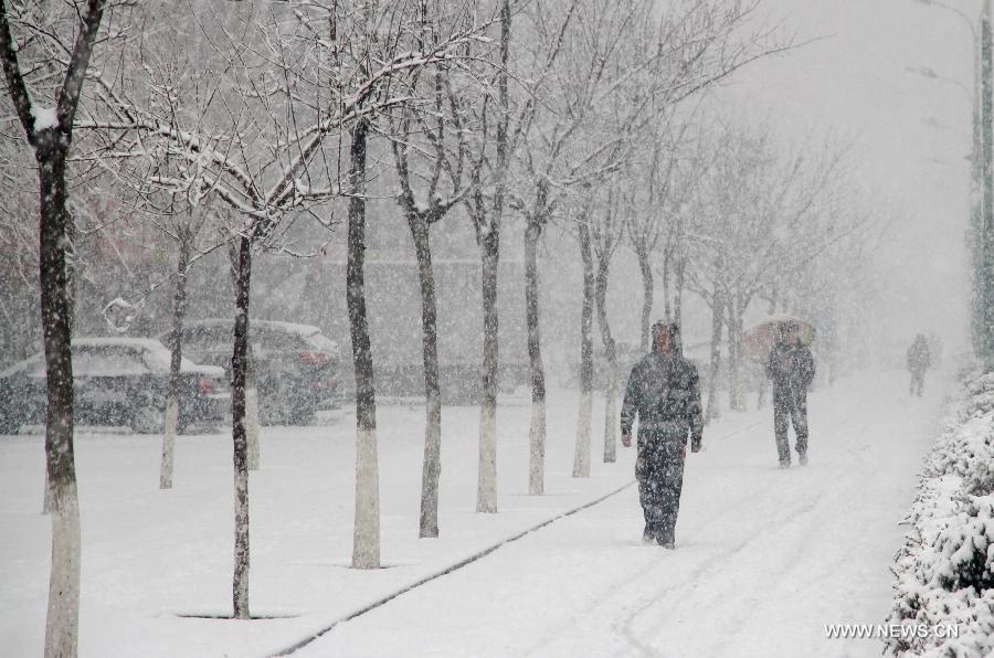 Citizens walk in snow in Pingquan County in north China's Hebei Province, March 12, 2013. Affected by a cold front, the northern part of Hebei received snowfall on Tuesday. (Xinhua/Wang Xiao)