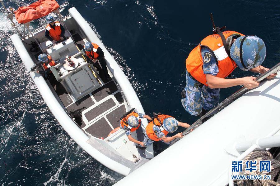 The 14th escort taskforce of the Navy of the Chinese People's Liberation Army (PLA) participates in an anti-hijack exercise in the Arabian Sea area. (Xinhua/Rao Rao)