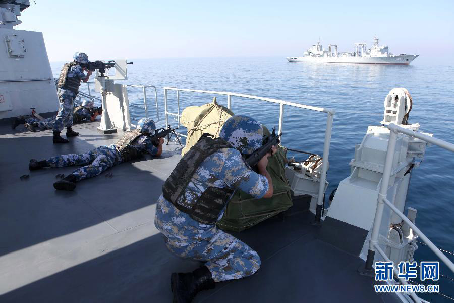 The 14th escort taskforce of the Navy of the Chinese People's Liberation Army (PLA) participates in an anti-hijack exercise in the Arabian Sea area. (Xinhua/Rao Rao)