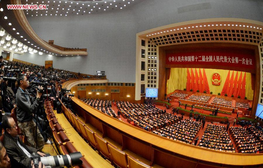 The fifth plenary meeting of the first session of the 12th National People's Congress (NPC) is held at the Great Hall of the People in Beijing, capital of China, March 15, 2013. The meeting will vote to decide on the premier, as well as vice chairpersons and members of the Central Military Commission of the People's Republic of China. President of the Supreme People's Court and procurator-general of the Supreme People's Procuratorate will also be elected. (Xinhua/Wang Song)