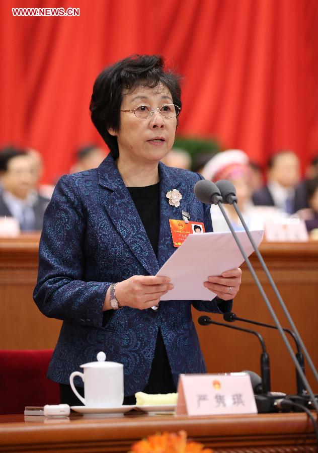 Yan Junqi presides over the fifth plenary meeting of the first session of the 12th National People's Congress (NPC) at the Great Hall of the People in Beijing, capital of China, March 15, 2013. The meeting will vote to decide on the premier, as well as vice chairpersons and members of the Central Military Commission of the People's Republic of China. President of the Supreme People's Court and procurator-general of the Supreme People's Procuratorate will also be elected. (Xinhua/Lan Hongguang)