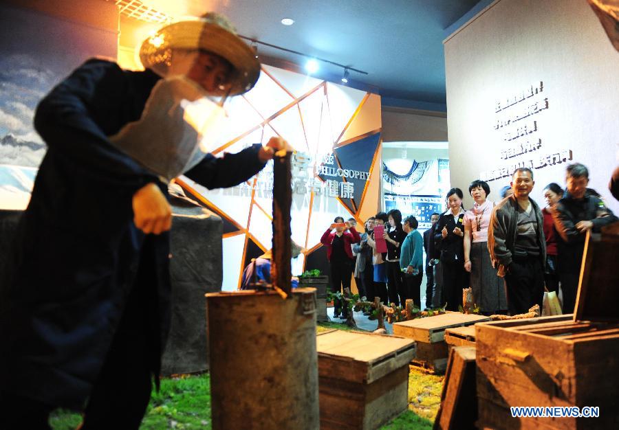 People visit Huaxia Bee Museum in Leshan, southwest China's Sichuan Province, March 15, 2013. Huaxia Bee Museum that opened here on Friday, is the largest museum focusing on bee and honey with 50 bee specimen and 150 plant specimen. (Xinhua/Li Hualiang)  