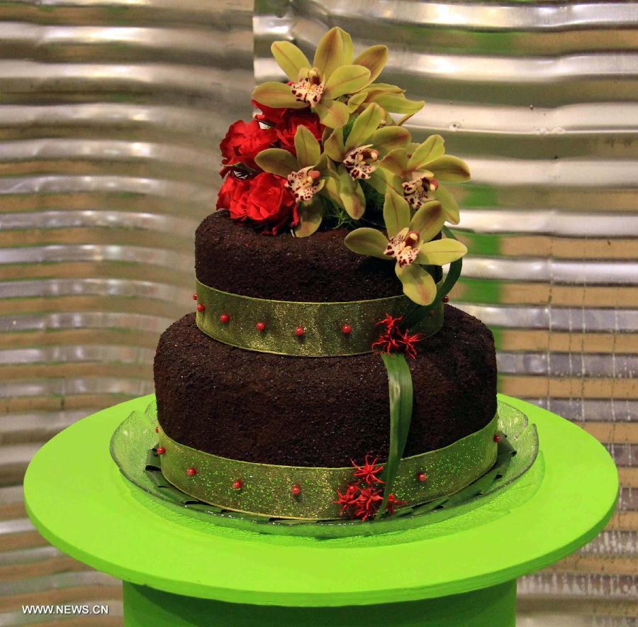 A "cake" made of plant materials is on display during the 17th Canada Blooms exhibition at the Canadian National Exhibition center in Toronto, Canada, March 15, 2013. As Canada's largest flower and garden festival, the 10-day event kicked off on Friday and was expected to attract over 200,000 visitors. (Xinhua/Ma Dan)