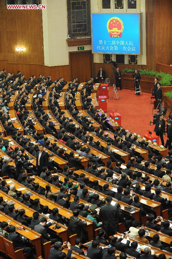 The sixth plenary meeting of the first session of the 12th National People's Congress (NPC) is held at the Great Hall of the People in Beijing, capital of China, March 16, 2013. (Xinhua/Yang Zongyou)