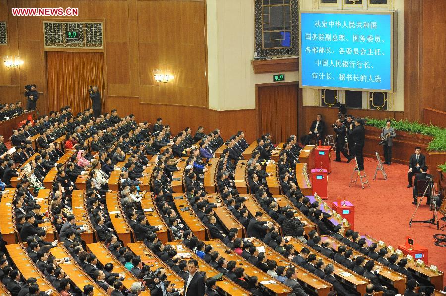 The sixth plenary meeting of the first session of the 12th National People's Congress (NPC) is held at the Great Hall of the People in Beijing, capital of China, March 16, 2013. (Xinhua/Yang Zongyou) 