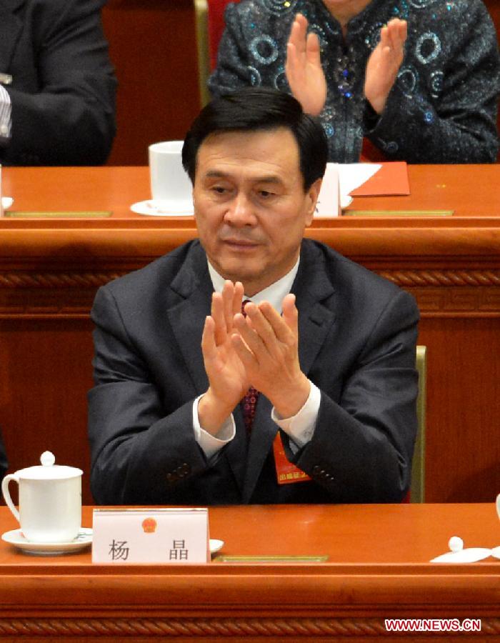 Yang Jing attends the sixth plenary meeting of the first session of the 12th National People's Congress (NPC) at the Great Hall of the People in Beijing, capital of China, March 16, 2013. Yang Jing, Chang Wanquan, Yang Jiechi, Guo Shengkun and Wang Yong were endorsed as state councilors of China at the meeting here on Saturday. (Xinhua/Wang Song)