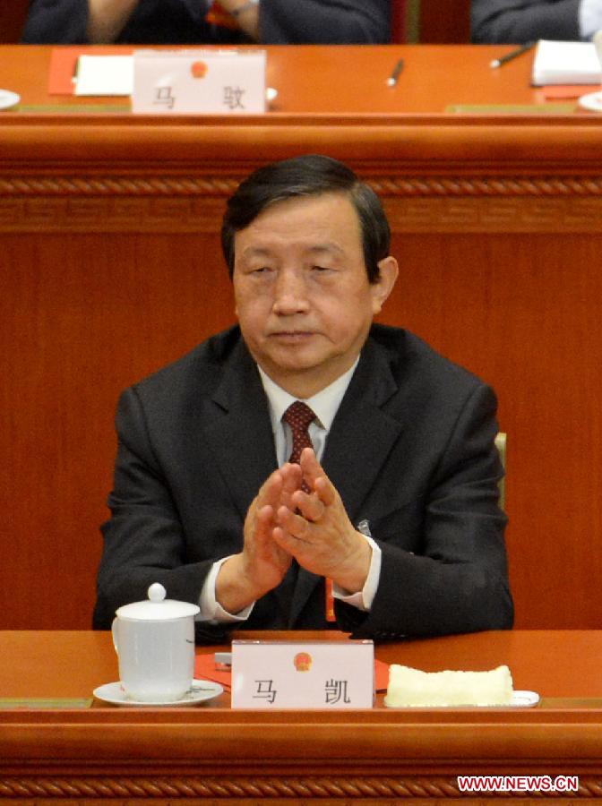 Ma Kai attends the sixth plenary meeting of the first session of the 12th National People's Congress (NPC) in Beijing, capital of China, March 16, 2013. Zhang Gaoli, Liu Yandong, Wang Yang and Ma Kai were endorsed as vice premiers of China's State Council at the meeting here on Saturday. (Xinhua/Wang Song) 