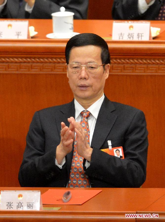 Zhang Gaoli attends the sixth plenary meeting of the first session of the 12th National People's Congress (NPC) in Beijing, capital of China, March 16, 2013. Zhang Gaoli, Liu Yandong, Wang Yang and Ma Kai were endorsed as vice premiers of China's State Council at the meeting here on Saturday. (Xinhua/Wang Song) 